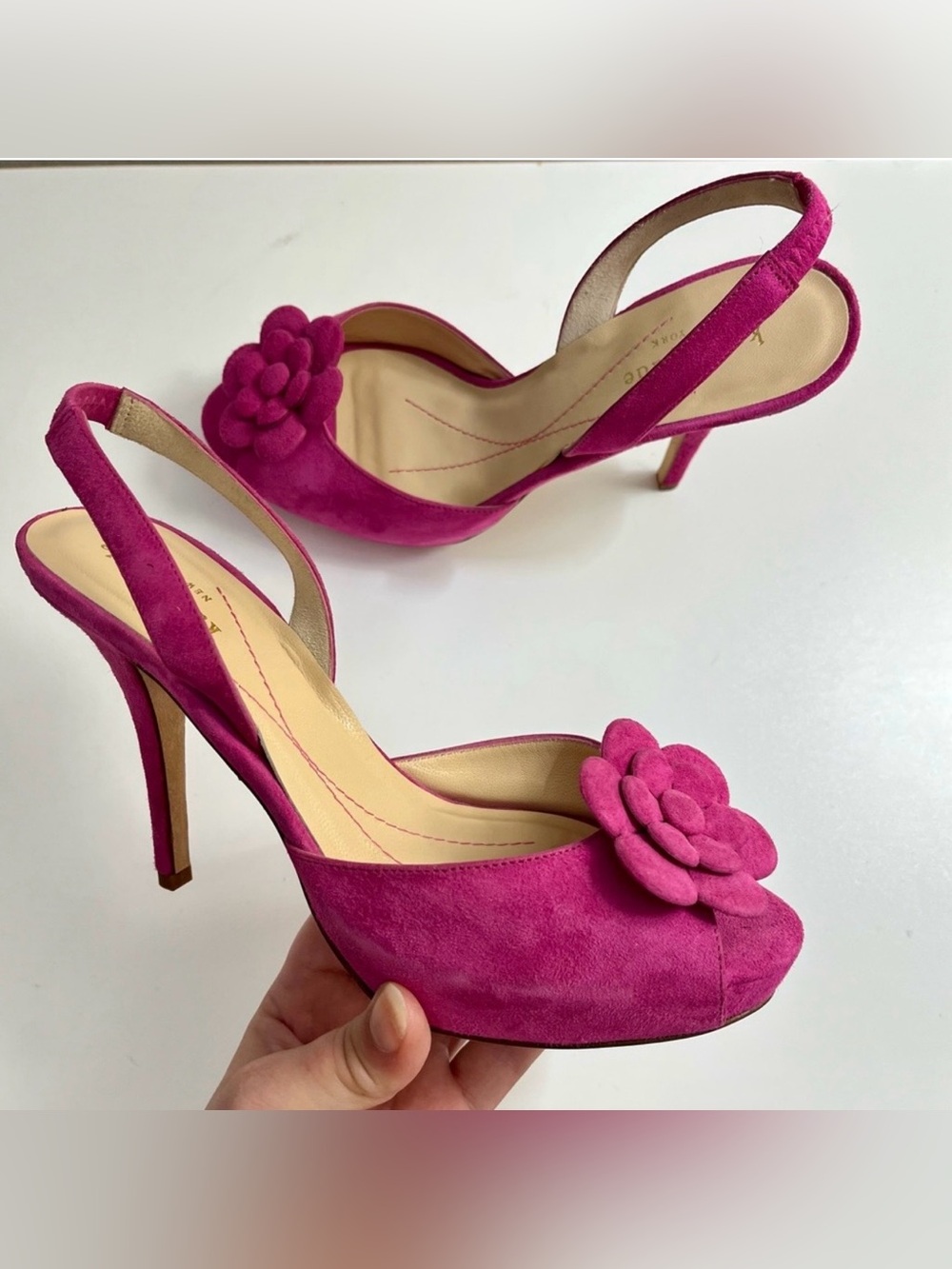 Kate Spade Fuchsia Suede Slingback Heels with Flower Accent